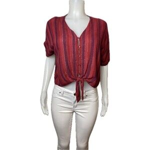 F. Rails Crop Top M Multicolor Blouse Short Sleeve V Neck Tie Button